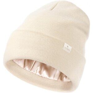 Unisex Satin-Lined Knit Beanie - Soft‎ Slouchy Winter Hat with Silk Lining